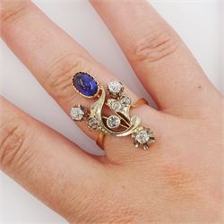 Russian early 20th century 14ct rose and white gold, oval cabochon cut synthetic sapphire and old cut diamond flower design ring, stamped 585 with Soviet star, total diamond weight approx 0.60 carat