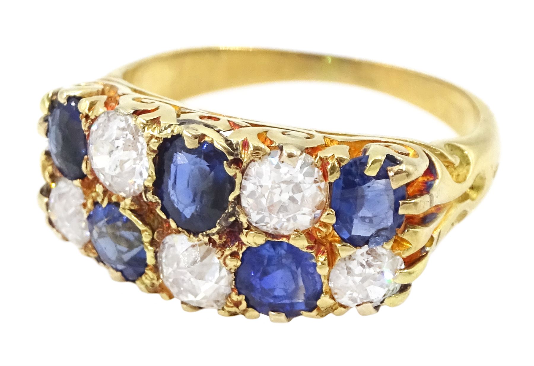 Victorian 18ct gold two row diamond and sapphire ring, alternating circular and oval mixed cut sapphires and old cut diamonds, total diamond weight approx 0.75 carat