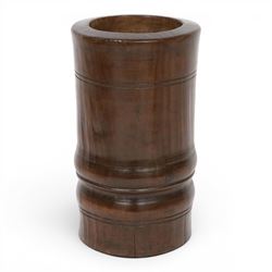 18th century turned fruitwood mortar, of tall proportions and cylindrical form with ring turned and moulded detail, 22.5cm 