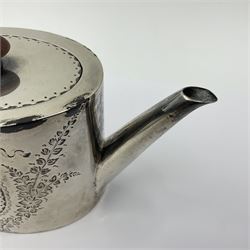 George III silver bachelors teapot, of oval form with wooden scroll handle and finial, the body chased with armorial crest and ribbon swag and foliate detail, hallmarked Samuel Godbehere & Edward Wigan, London 1793, including handle H9cm