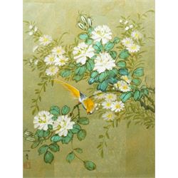 Chinese School (Early 20th century): Bird on a Blossom Branch, tempera signed with artist'...