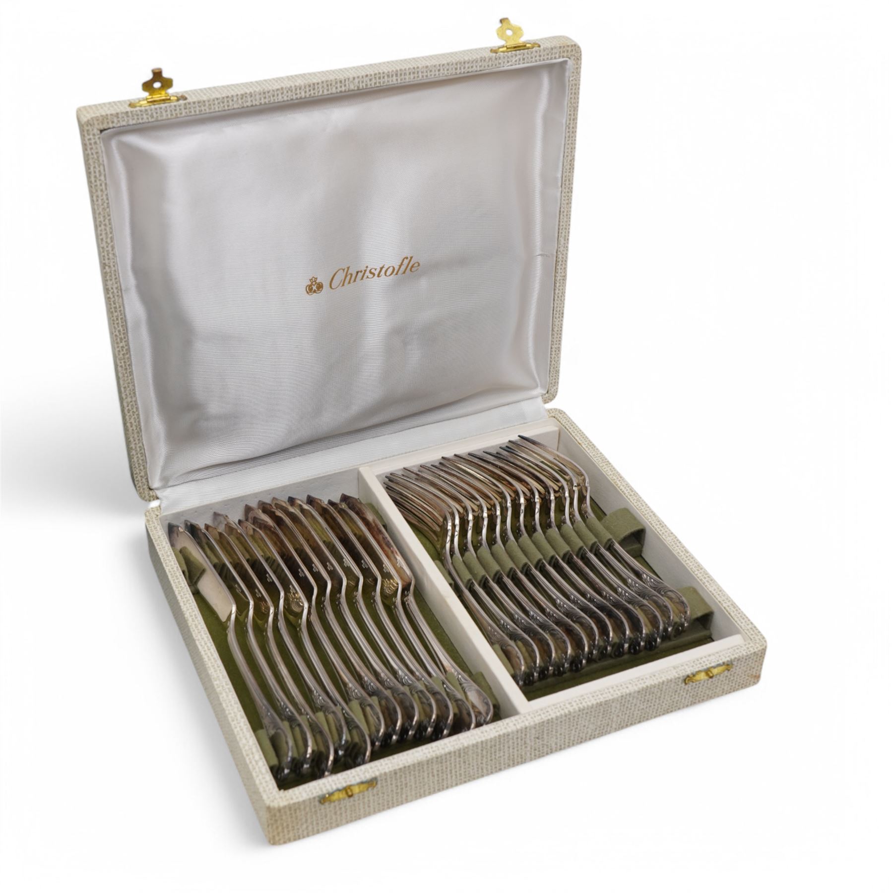 Set of Christofle  Marly pattern plated cutlery comprising twelve table forks, twelve table knives, twelve table spoons, twelve dessert spoons, ten teaspoons and a cake slice