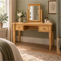 Contemporary oak kneehole dressing table and mirror, rectangular shaped top fitted with tw...