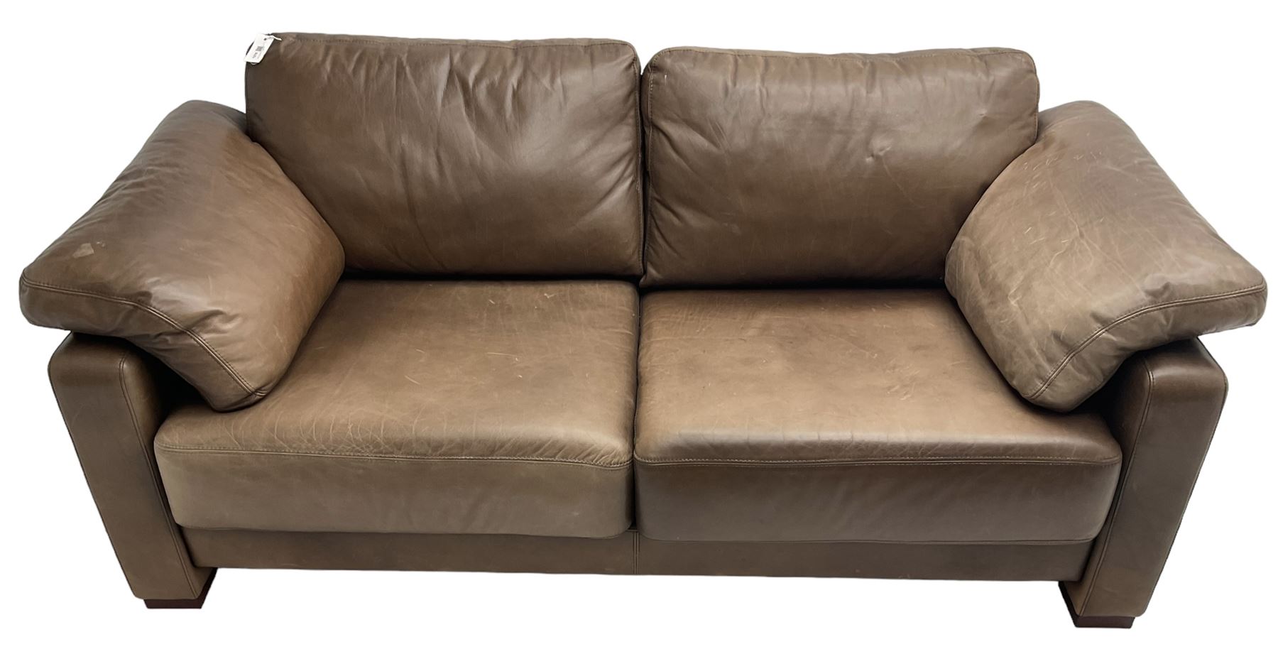 Heals - contemporary two seat 'Palermo' sofa, upholstered in chocolate brown leather, raised on wooden block feet