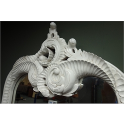  White finish ornate carved wood full length mirror, scrolled cartouche pediment, H210cm  