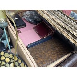 20th century Postilion brass and agate carriage clock with bevelled glass panel, H13cm, Peugeot Freres coffee grinder, silver-plate, figures, quantity of vinyl records, four The Works of William Shakespeare pub Odhams Press, brass lamp etc in three boxes