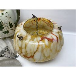 Two Art Deco mottled glass fly catcher ceiling light shades, together with two other 1930s moulded glass ceiling light shades and two Victorian style wash jugs, largest shade D33cm