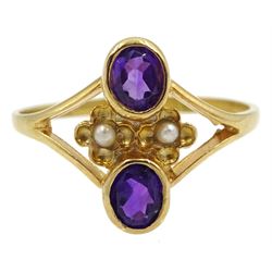 Silver-gilt amethyst and pearl ring, stamped Sil