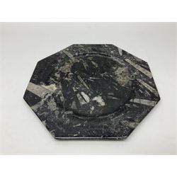 Four octagonal plates, each with Orthoceras and Goniatite inclusions, age: Devonian period, location: Morocco, D30cm