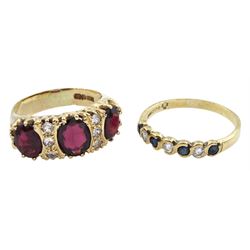 9ct gold garnet ring and cubic zirconia ring and a 9ct gold seven stone set ring, both hallmarked