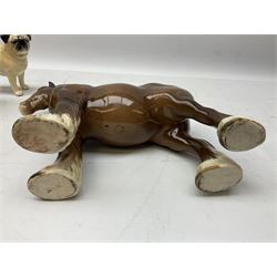 Three Beswick models comprising Hereford Bull no 949, 'CH Cutmil Cupie' Pug, and bay Shire horse, all with printed marks beneath