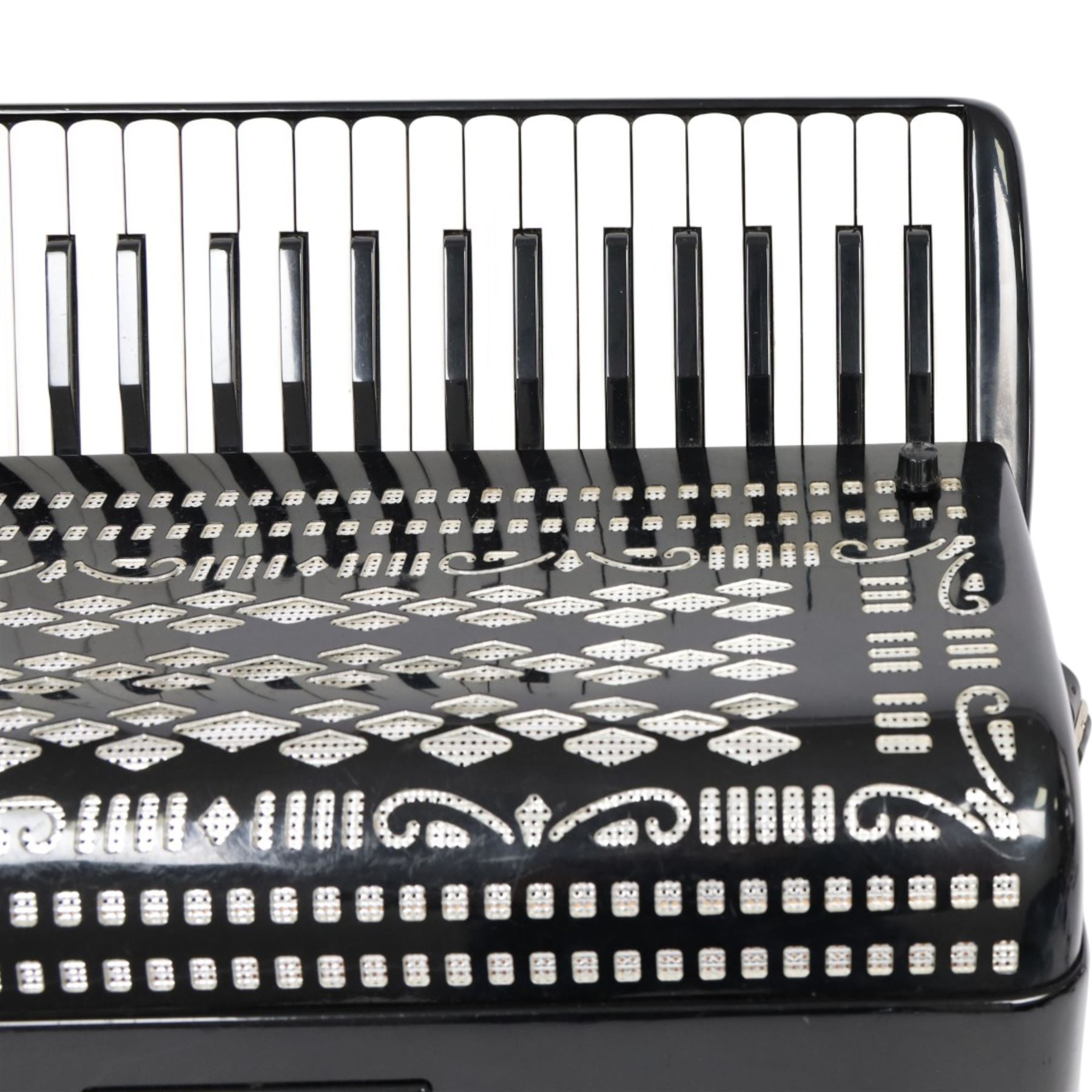 Borsini Professional 5-Row Chromatic button accordion, with 92 white pearlescent chromatic buttons and 136 bass buttons, possibly a custom model, in black high gloss case, with carry strap and original hard carrycase
