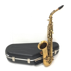 Elkhart 'The Buescher' True-Tone Low Pitch alto saxophone, serial no.147605, in Hiscox Liteflite carrying case with crook