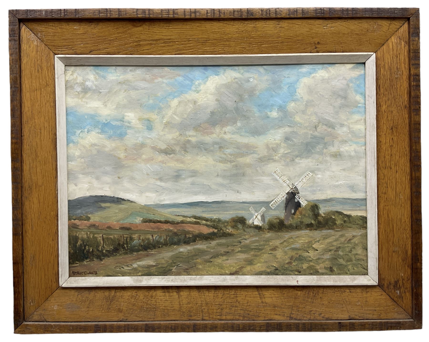 William Francis Strickland (1912–2000): 'Clayton Windmills' Nr. Brighton, oil on board signed, titled with artist's St. Leonards-on-Sea address verso 25cm x 35cm 