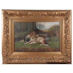 Armstrong (British 19th/20th Century): Two Gun Dogs Waiting, oil on canvas indistinctly signed, in carved gilt frame 39cm x 59cm 