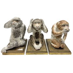 Three 19th century French figures, depicting three wise monkeys, each seated upon a gilt metal base, H13cm 