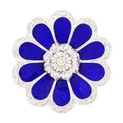 Early 20th century 18ct white gold diamond and enamel flower brooch, the central cluster s...