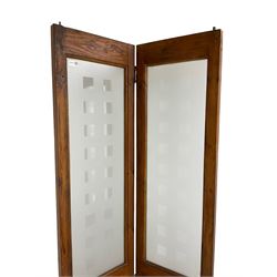 Two double pine room dividers or doors, frosted glass glazed with cube design over panels, in polish finish (74cm x 195cm each double total)