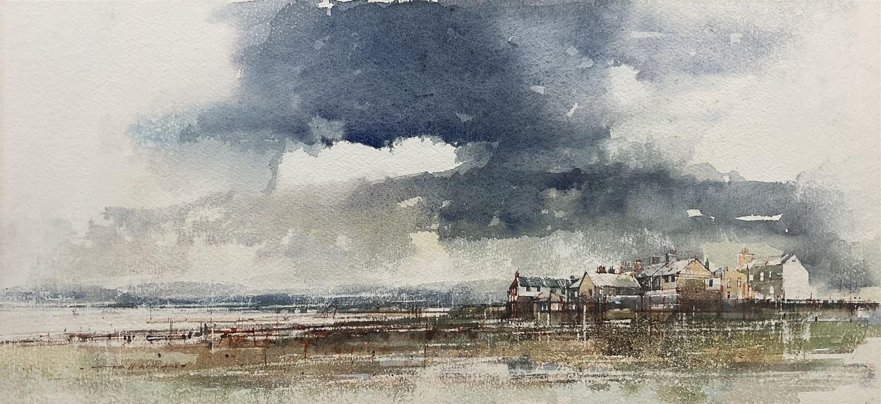 Tom Harland (Yorkshire 1945-2012): 'Storm on the Cumberland Coast', ink and watercolour signed, titled and signed on the mount 24cm x 51cm 