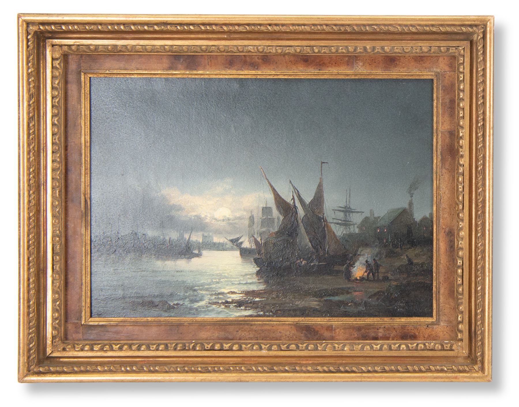 William Anslow Thornley (British fl.1858-1898): 'Sunrise - Gravesend from Tilbury' and 'Moonlight - The Medway before Rochester', pair oils on canvas signed, original title labels verso 25cm x 35cm (2) 
Provenance: with the Kenulf Gallery, Winchcombe, labels verso