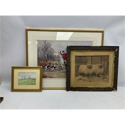 English School (20th century): Sheep in Pasture, watercolour signed together with  a charcoal sketch of Rams and two horse related prints max 36cm x 52cm (4)