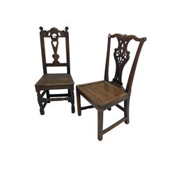 George III Chippendale design oak side chair, york cresting rail over pierced shaped splat back, solid seat raised on square supports (W52cm H93cm); 18th century oak side chair, scroll carved cresting rail with heart splat, panel seat raised on turned supports (W43cm H99cm)