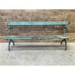 Early 20th century cast iron framed faux bois garden bench, timber seat and back rest