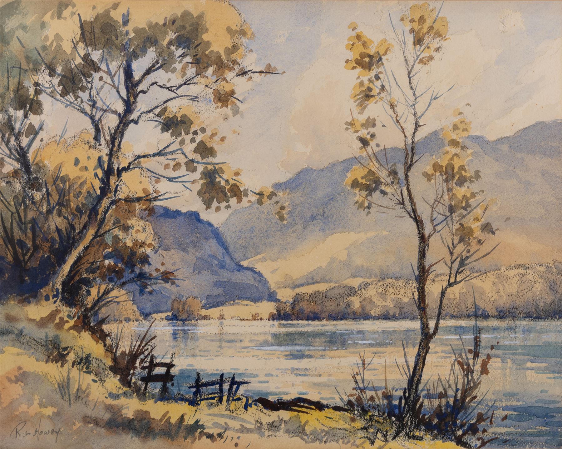 Robert Leslie Howey (British 1900-1981): Sunshine Over the Lake, watercolour signed 37cm x 47cm 