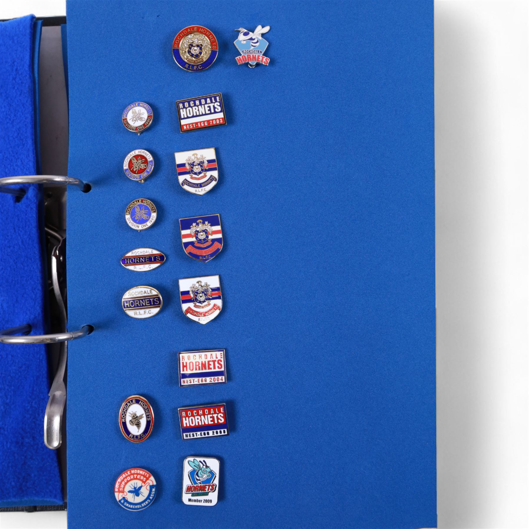 Rugby league enamel badge collection, from Oldham, Rochdale Hornets, St Helens, Salford, Sheffield Eagles, Huddersfield Giants, Hull FC, Hunslet and Keighley Cougars, housed in two folders, (approximately 330)