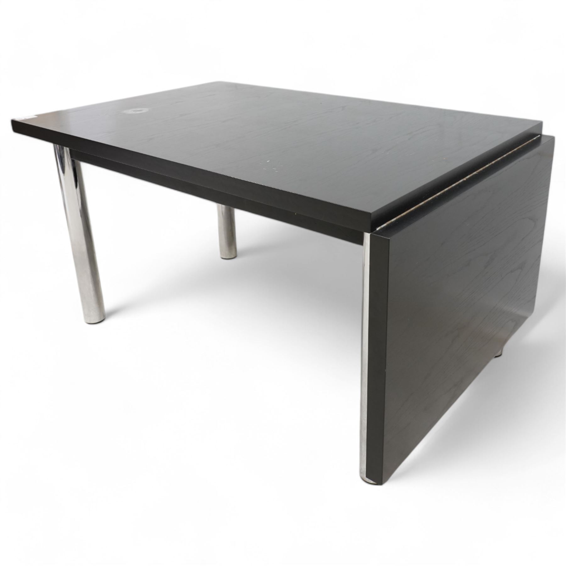 Retailed by Habitat - after Marcel Breuer - set of six 'Cesca' elbow chairs, on chromed supports with cane seat and back, in black paint finish (W62cm, H84cm, D50cm); together with a rectangular extending dining table, sliding top with drop leaf, on chromed supports (194cm x 90cm, H74cm)