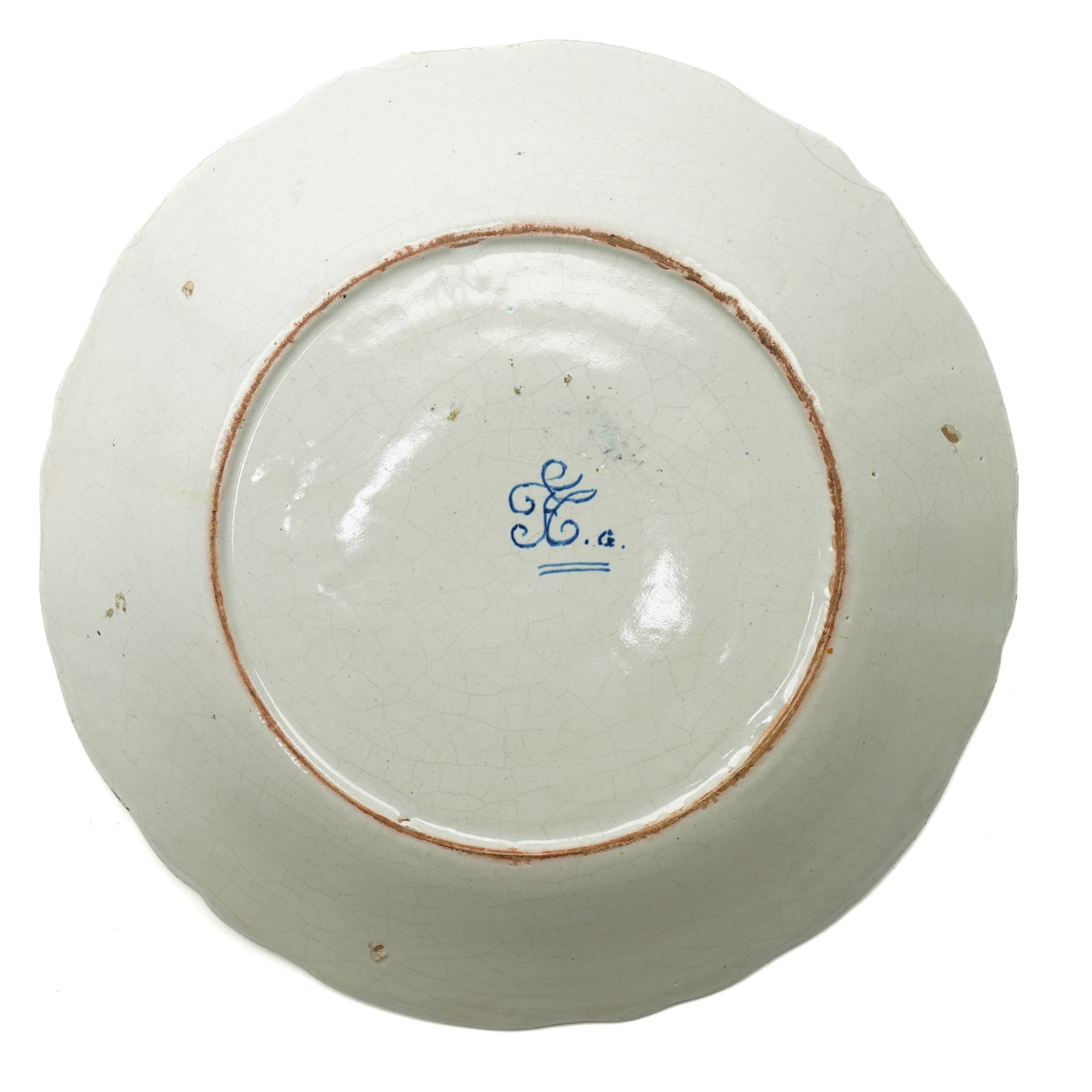 Set of four French Nevers style revolutionary faience plates, the first painted with a portrait of 'Evêque de Meaux' or the Bishop of Meaux,  another decorated with a putto holding a flaming torch and a flag inscribed 'W Lamour' beneath a slogan 'Cest le moment de faire un petit enfant' or 'Now is the time to make a child', another decorated with 'Vive les bons citoyens' or 'Long live the good citizens' within foliage, and another with a portrait of an officer, probably Napoleon, with the phrase 'Vive la Nation' or 'Long live the Nation', each bearing dates, with indistinct blue monogram to bases, D24cm (4)