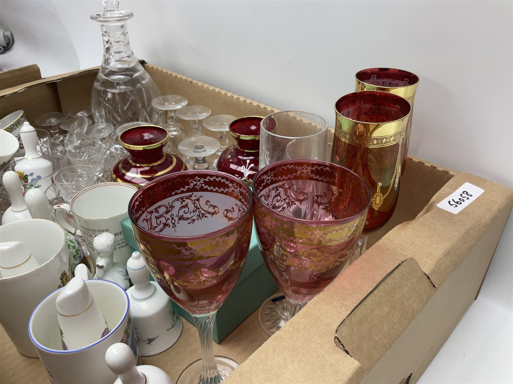 Murano glassware; Coalport and other figures; cut glassware including two decanter sets; drinking glasses; small collection of table bells; royalty commemorativeware etc