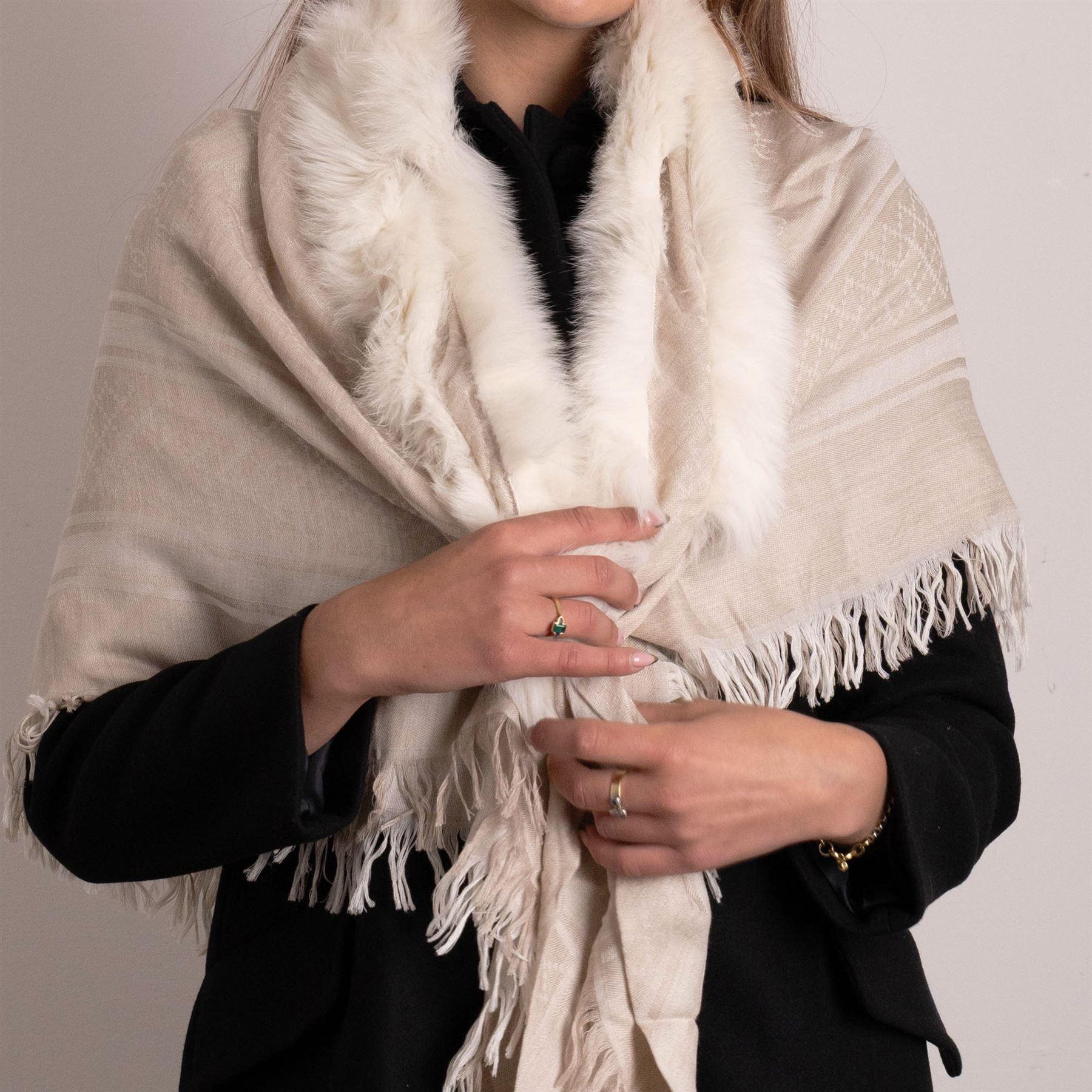 Gucci - GG pattern silk and wool blend shawl with fox fur trim and with fringe detail, 180cm x 180cm, unused with original box