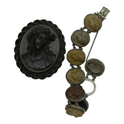 19th century lava bracelet, nine panels depicting female portrait busts and a vulcanite brooch depicting a bust portrait of a lady