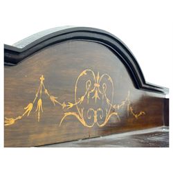 Edwardian mahogany and satinwood crossbanded display cabinet, arched pediment centred by marquetry scrollwork and ribbon decoration, twin glazed doors enclosing a lined a shelved interior, raised on square tapering supports joined by a shaped undertier with diamond parquetry inlay, terminating in spade feet