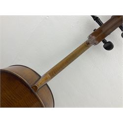 Early 20th century German cello with 76.5cm two-piece maple back and ribs and spruce top L123cm overall; in modern soft carrying case with bow and original bill of sale dated March 11th 1916