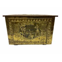 A brass coal box, embossed to top and front with figures looking through a window, H29.5, together with a coal scoop, two coal buckets, and other fireside accessories. 