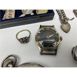 Four wristwatches including Seiko automatic, Sekonda, Timex and Ingersoll, silver Acme Lever pocket watch by H Samuel, 9ct gold keepers ring, silver and 9ct gold paste stone set cluster ring, silver and stone set silver jewellery and other vintage jewellery