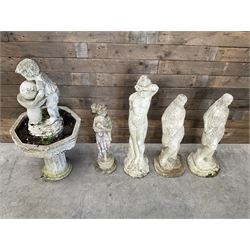Four cast stone maiden figures, small bird bath and planter