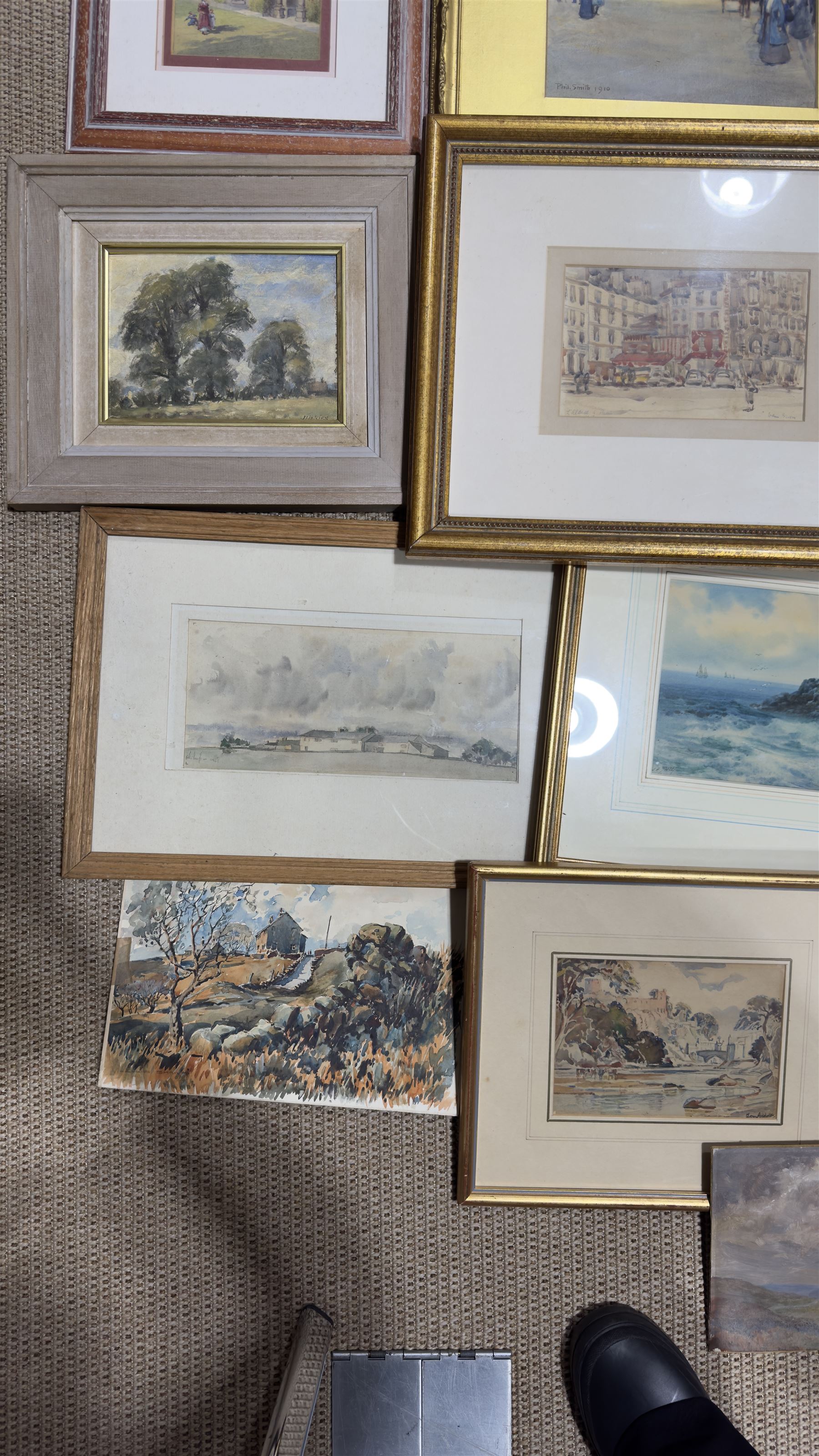 Collection of mostly watercolours, variously signed, artists to include Tom Anderton, Walter Henry Sweet, James Robertson Miller, Percy Hipkiss, J B Donaldson, Phil Smith and others indistinctly signed, contents in one box 