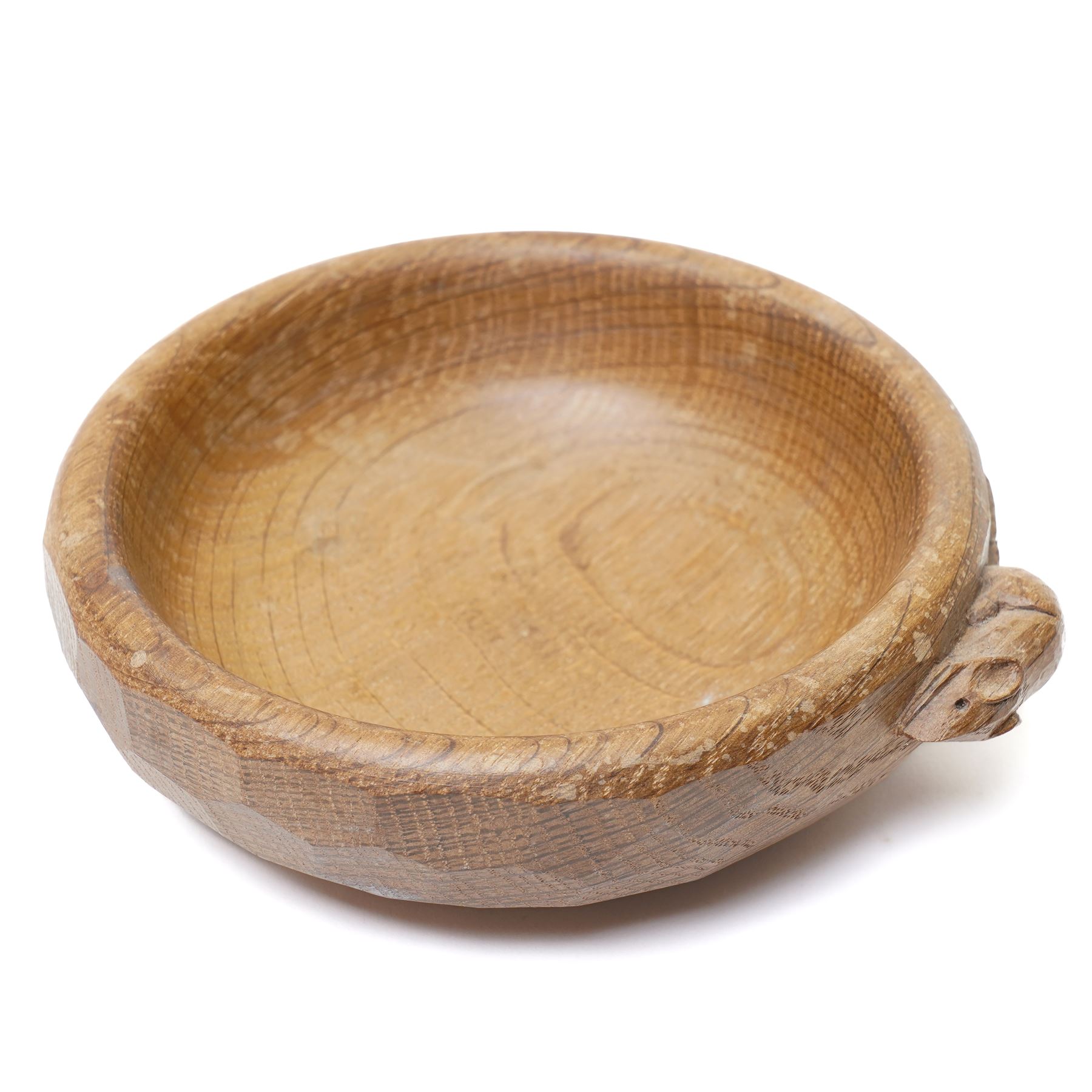 Mouseman - adzed oak nut bowl, or circular form, carved with mouse signature, by the workshop of Robert Thompson, Kilburn, D15.5cm