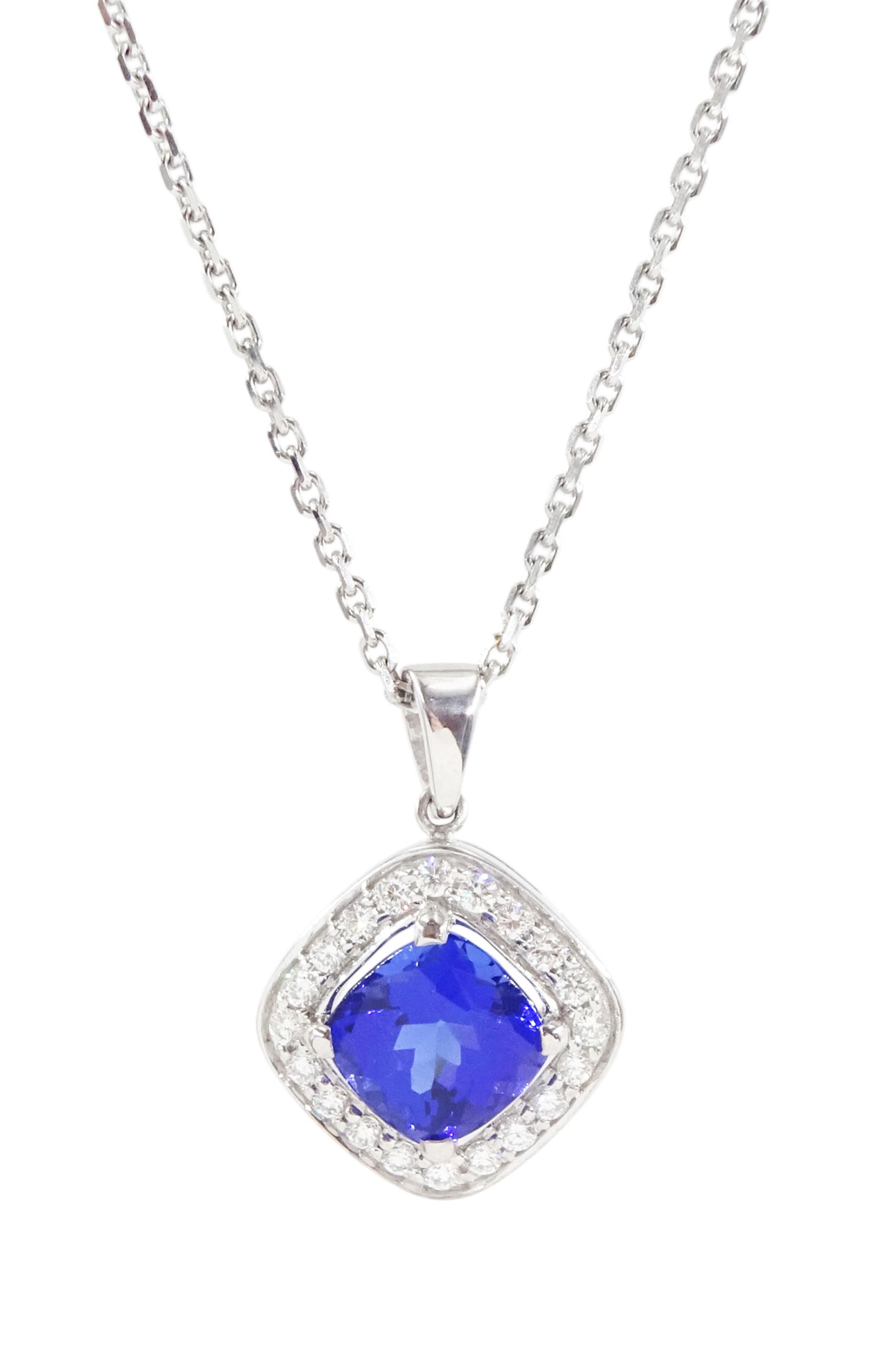 18ct white gold cushion cut tanzanite and round brilliant cut diamond cluster pendant necklace, tanzanite approx 2.80 carat, total diamond weight approx 0.20 carat