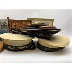 Items of Maritime or Naval interest including two naval hats, one with 'H.M.S. Richmond' tally, the other with 'H.M.S. Pembroke' tally, framed prints etc
