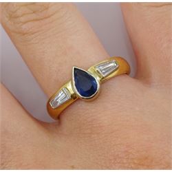 18ct gold pear shape sapphire and tapered baguette diamond ring, hallmarked