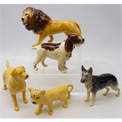  Beswick Alsatian 'Ulrica of Brittas', Cocker Spaniel, lion & lion cub and a Beswick style labrador (5)  