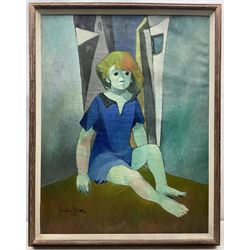 Senen Ubiña (Spanish 1923-): Young Girl Seated, oil on canvas signed and dated '53, 90cm x 70cm