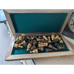 Collection of metalware, including brass weights, fireside tools, sauce boat, etc, together with a chess set, records, two studio pottery lamps etc