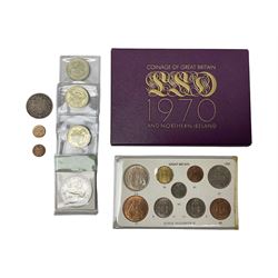 Queen Victoria 1881 one third farthing, 1889 hafcrown, King George V 1913 one third farthing, 1935 crown coin, Queen Elizabeth II 1953 unofficial nine coin set, The Royal Mint 1970 proof coin set in card folder with certificate and three 1986 two pound coins