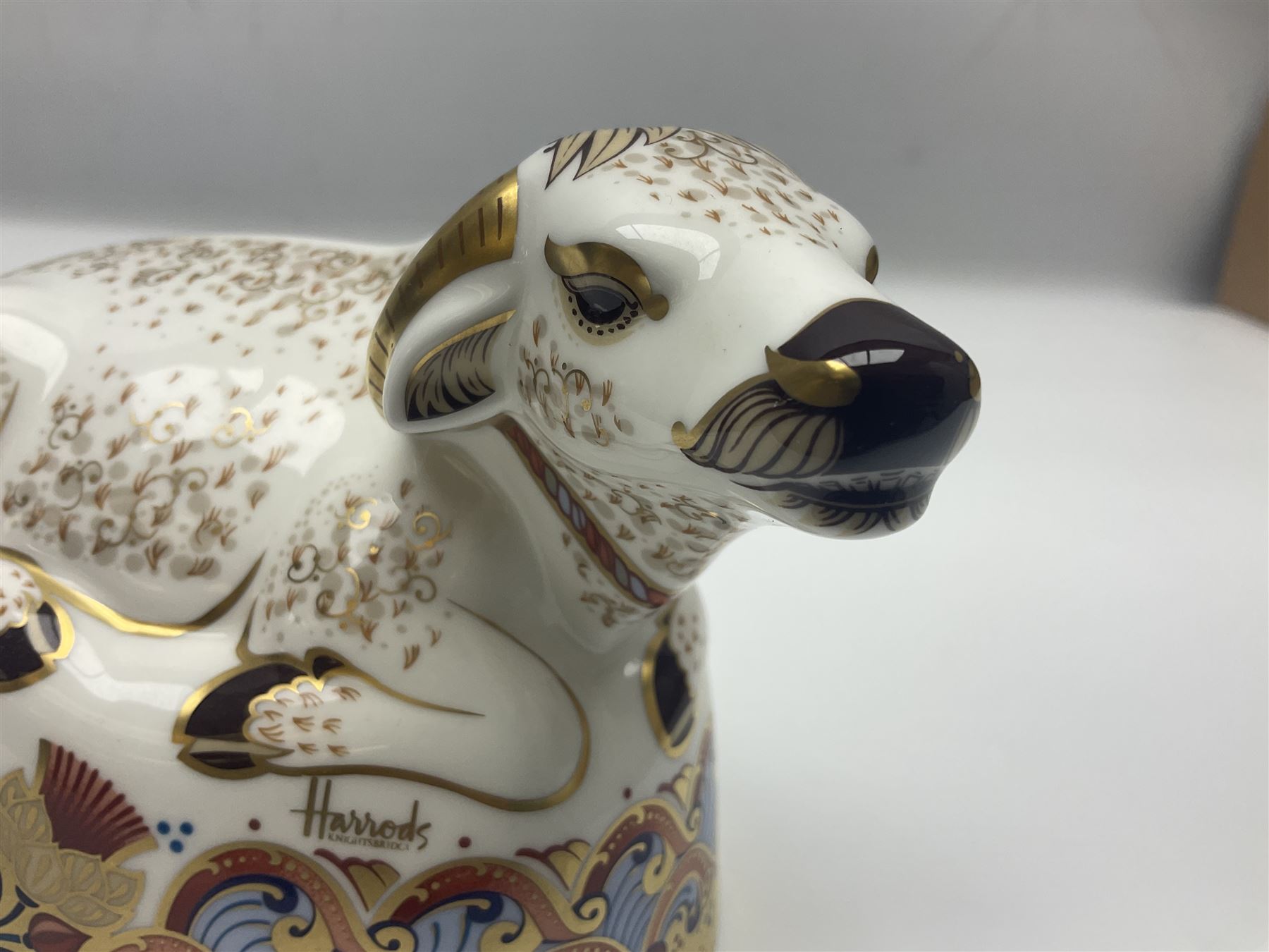 Royal Crown Derby paperweight, Harrods Water Buffalo, limited edition 75/350, with gold stopper and printed mark beneath, with certificate and original box