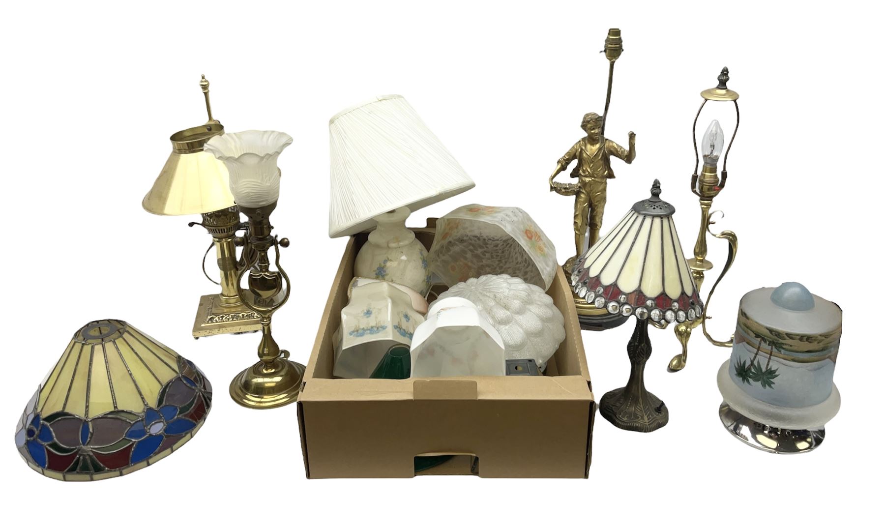 Brassed lamp modelled as a male with basket and fruit after Rancoulet, Tiffany style table lamp, brass table lamp, glass shades etc